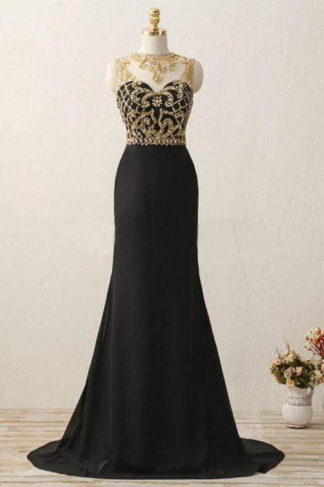 Long Black See Through Mermaid Gold Beaded Evening Prom Dress, Popular Sexy Party Prom Dresses, Custom Long Prom Dresses, Cheap Formal Prom Dresses