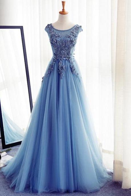 Cap Sleeve Blue Lace Beaded Evening A Line Prom Dresses, Long Sexy Party Prom Dress, Custom Long Prom Dresses