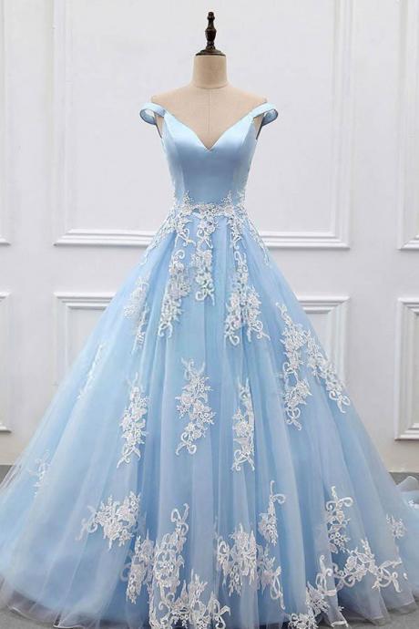 Ball Gown Off-the-shoulder Court Train Blue Tulle Prom Dress