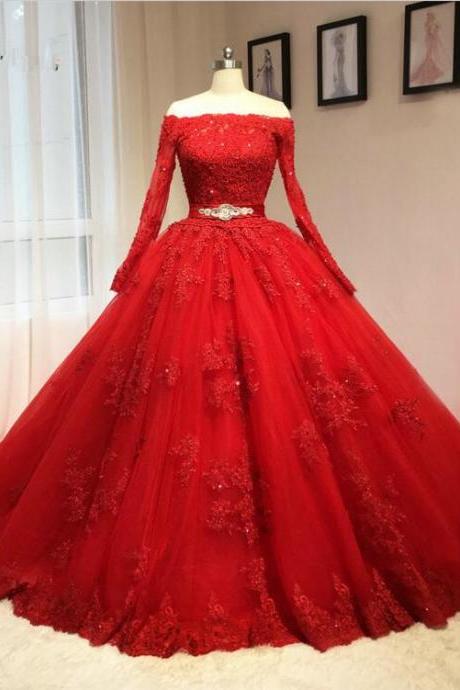 Lace tulle long prom dress,red evening dress,long sleeve ball gown ,off shoulder wedding dress