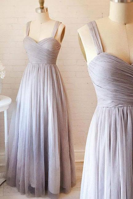 Gray Sweetheart Neck Tulle Long Prom Dress, Gray Evening Dress