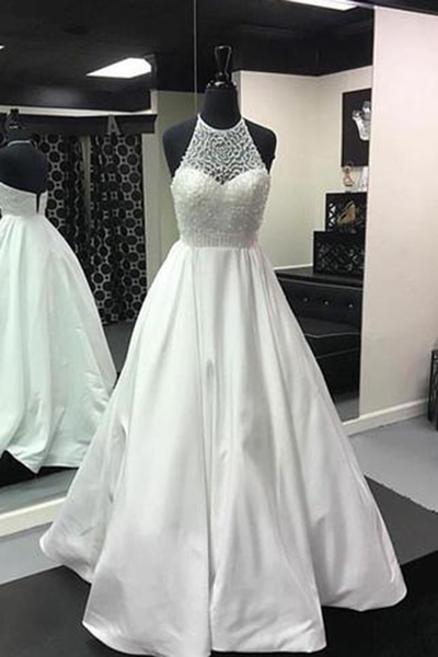White Backless Long Beaded Senior Prom Dress, White Evening Dress
