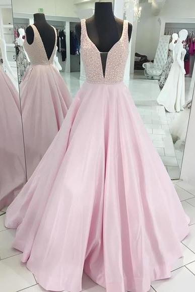 Stylish Pink V Neck Beaded Long Senior Prom Dress, Open Back Evening Dress