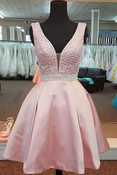 Stylish Pink V Neck Short Prom Dress, Sequins Homecoming Dress