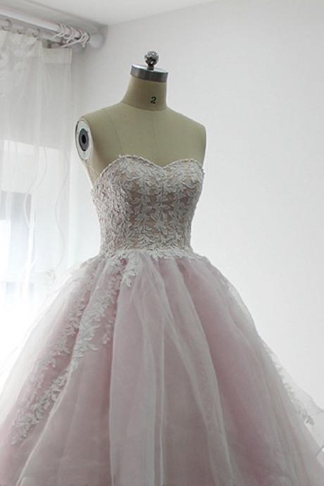 Sweetheart Baby Pink Long Tulle Prom Dress, Long White Lace Appliques Evening Dress