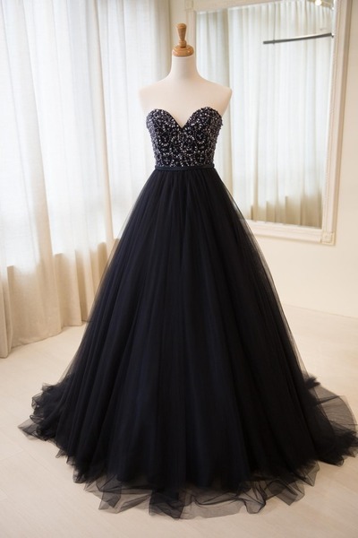 Black Tulle Long Lace Top Senior Prom Dress, Strapless Long Evening Dress