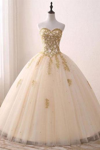 Princess Sweetheart Golden Appliques Long Formal Prom Dress, Tulle Ball Gown
