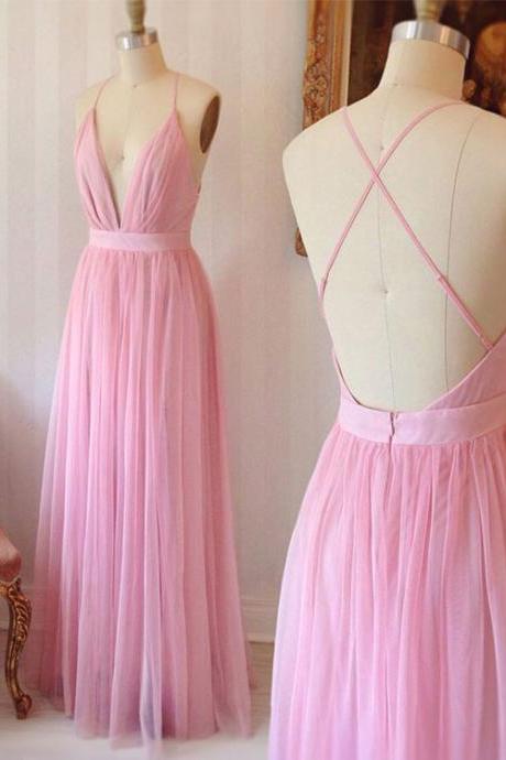Pink V Neck Tulle Long Prom Dress, Pink Evening Dress For Teens