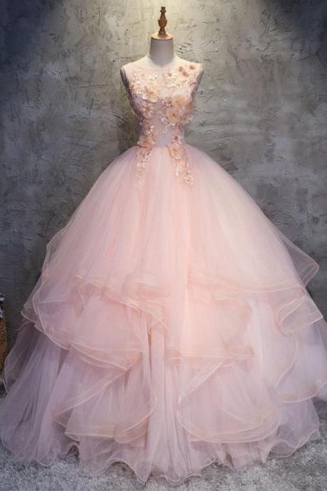 Charming Ball Gowns Round Neck Pink Tulle Long Prom/Evening Dress with Flowers