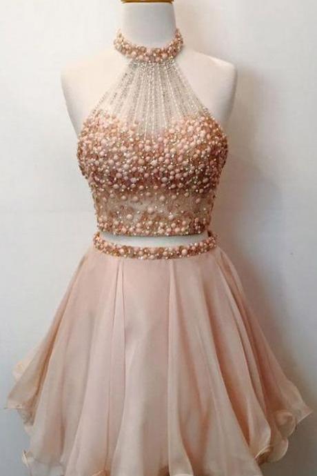 Cheap Beaded/Beading Pink Homecoming Prom Dresses Comfortable Short Halter Sleeveless Backless Dresses