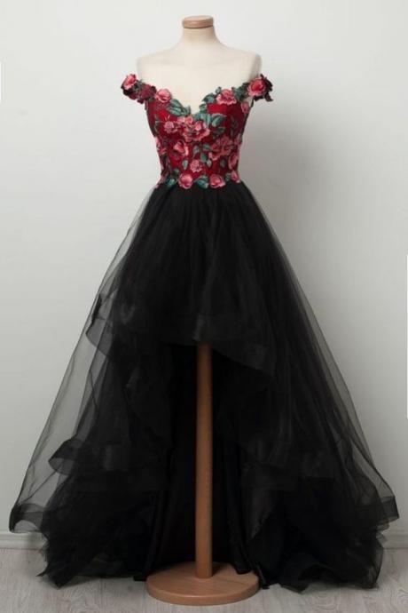 Black Sweetheart High Low Tulle Prom Dress, Black Tulle Evening Dress