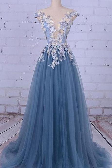 A-line Illusion Sweep Train Tulle Appliqued Beaded Prom Dresses