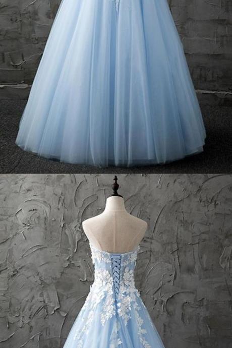 Sweetheart blue tulle long customized evening dress with appliques