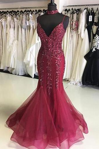 Sexy Burgundy Tulle V Neckline Long Evening Dress, Long Open Back Mermaid Prom Dress