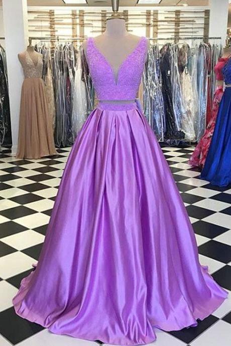 Light Purple Two Piece Prom Dresses with V Neckline Elegant Prom Gowns with Beadings