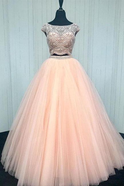 Pink two pieces sequin beads tulle long prom dress, pink evening dress
