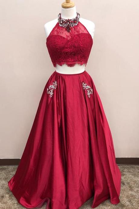 Charming Prom Dress, Two Piece Prom Dresses, Red Long Evening Dress