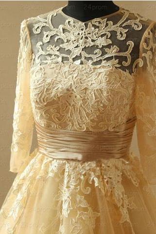 Lace Prom Dress, Champagne Prom Dress, Vintage Prom Dress, Homecoming Dress, Long Sleeves Prom Dress
