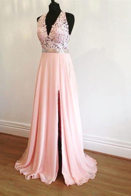 New Arrival Prom Dress,Modest Prom Dress,Elegant Lace Halter Pink Chiffon Prom Dresses With Slit New Design