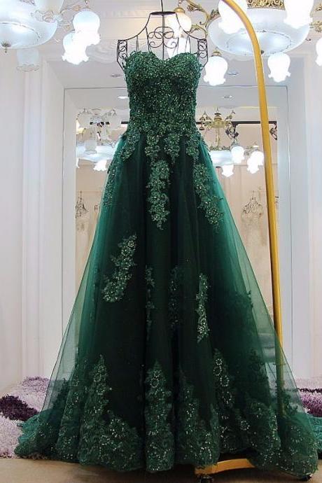 Elegant Green Appliques Long Prom Dresses Sexy Sweetheart Backless A Line Court Train Pageant Party Dress 