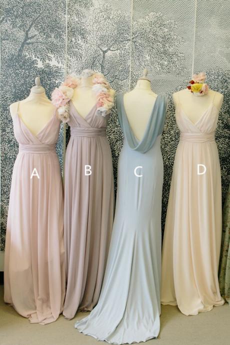 Pale Pink Bridesmaid Gown,Pretty Bridesmaid Dresses,Chiffon Prom Gown,Straps Bridesmaid Dress,
