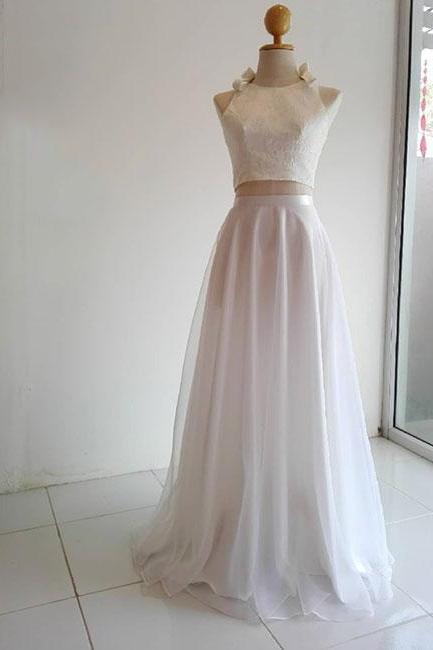 Charming White Party Dress Two Pieces Long Prom Dress, Chiffon Evening Dress
