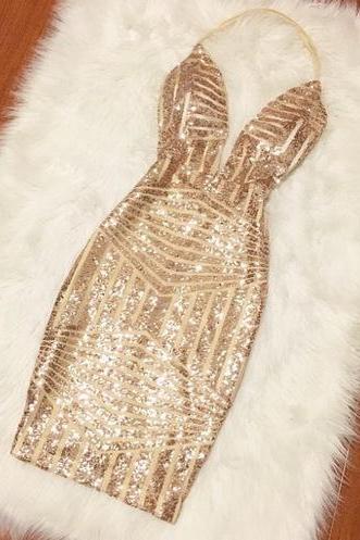 Plunging Neck Halter Sequin Dress,back less short mini shining gold party dress,custom made