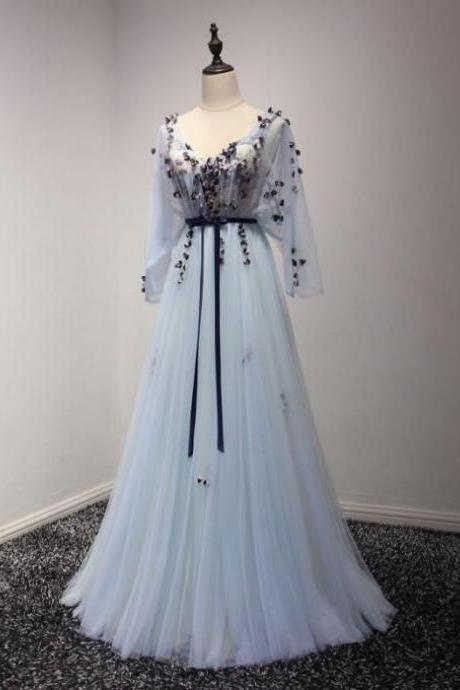 Tulle Prom Dress Long Sleeve A-line Party Dress V-neck Blue Tulle Evening Dress