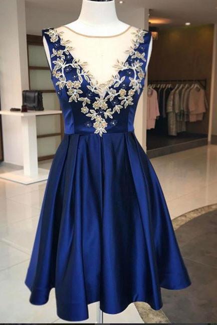Cute Blue Round Neck Applique Homecoming Dress,a Line Homecoming Dresses