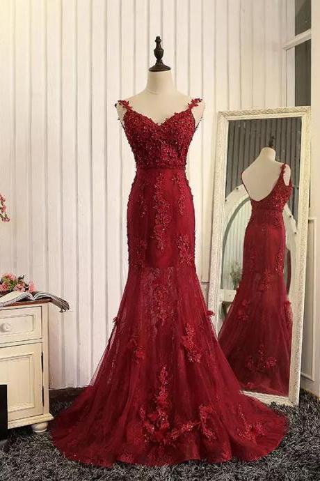 Prom Dress,sexy Elegant Prom Dresses, Wine Red Evening Dress,mermaid Evening Gowns,burgundy Prom Dress,lace Prom Dress