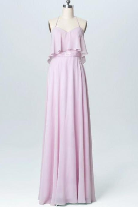 Pink Sweetheart Chiffon A-line Floor-length Bridesmaid Dress, Wedding Party Dress With Crisscross Back