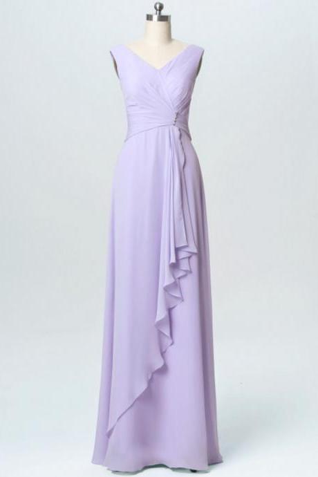 Sleeveless V-neck Ruched Chiffon A-line Floor-length Bridesmaid Dress, Wedding Party Dress