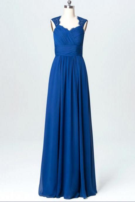 Blue Sleeveless Ruched Chiffon A-line Floor-length Bridesmaid Dress, Wedding Party Dress