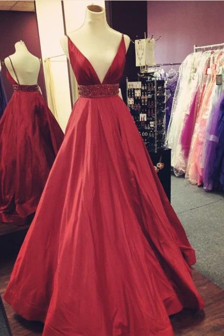 V-neck Red Satin Prom Dresses Crystals Belt Women Prom Dresses Evening Dress