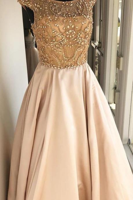 Elegant Beads Champagne Long Prom Dresses, Prom Dress, Prom Dress With Cap Sleeves