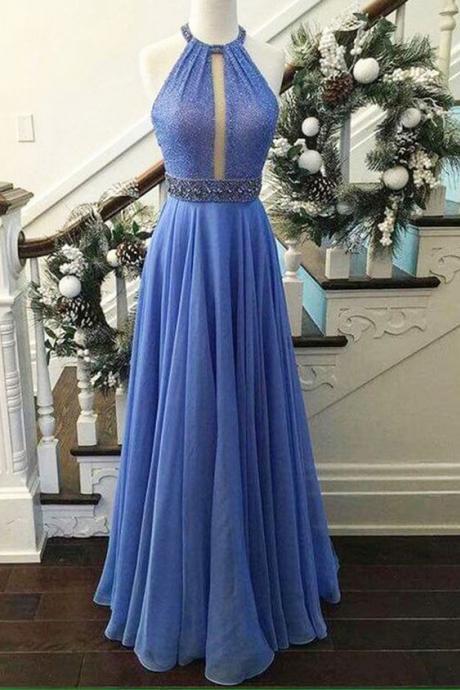Blue Prom Dress,halter Neckline Evening Dress,open Back Graduation Dress