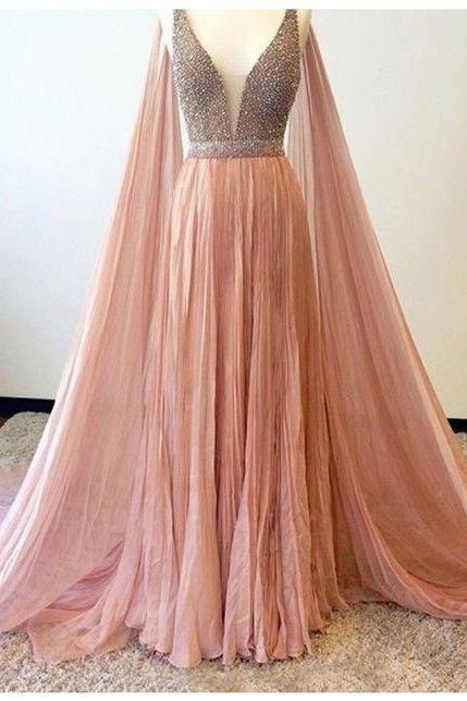 Long Pink V Neck Crystal Sexy Prom Dress,beaded Prom Dresses,long Evening Dress,formal Gown