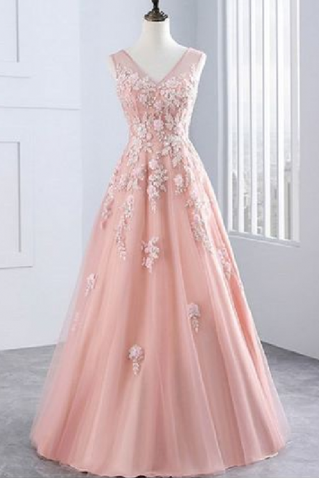 Charming Quinceanera,pink V-neck Appliques Prom Evening Dress ,custom Made,party Gown,