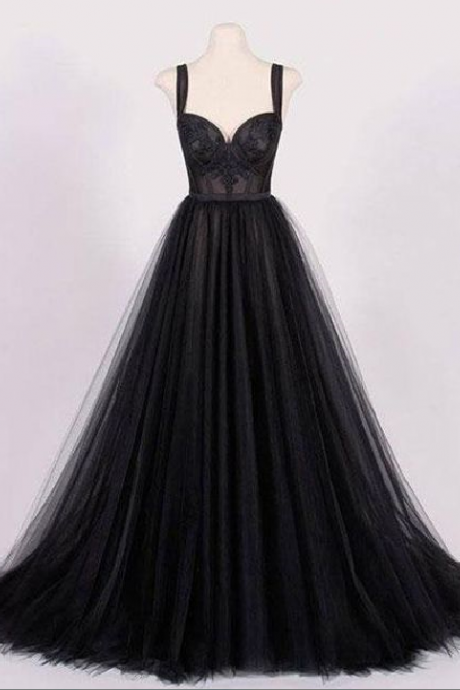 Vintage A-Line Square Neck Black Tulle Evening/Prom Dress with Lace Appliques