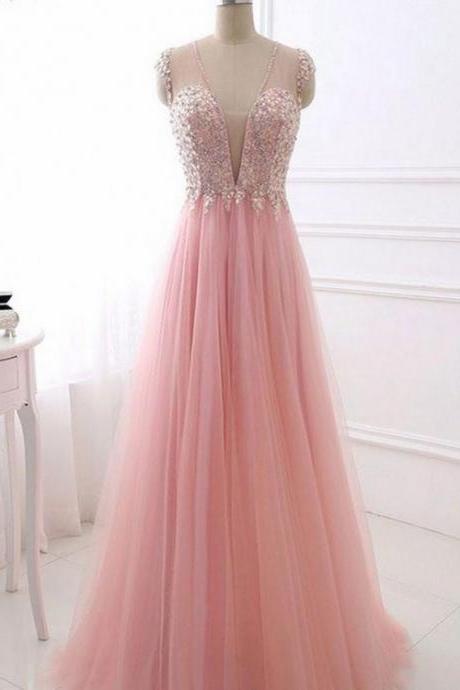Prom Dresses A-line, Prom Dresses Long Pink Tulle Party Dress