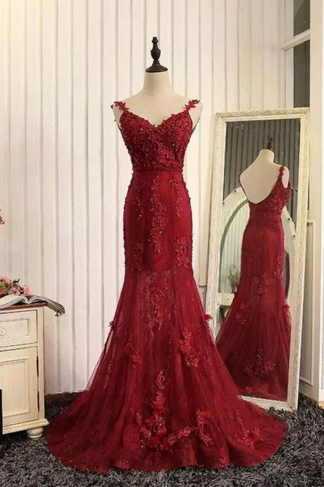 Red Organza Lace Applique V-neck Open Back Long Prom Dresses, Mermaid Dresses