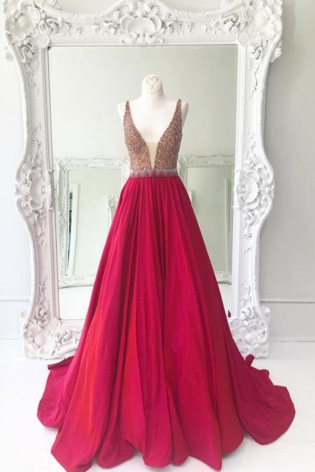 Red V Neck Sequin Long Prom Dress, Red Evening Dress