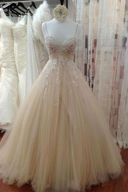 Cheap Champagne Tulle Lace Long Prom Dress, Lace Wedding Dress