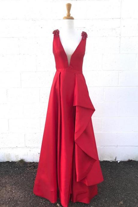 Princess Red Long Prom Dress Party Dress V-neck Evening Dress