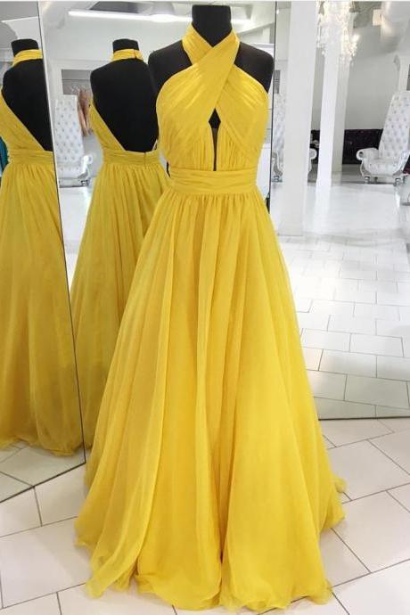 Halter Party Dress Yellow Long Prom Dress Evening Dress