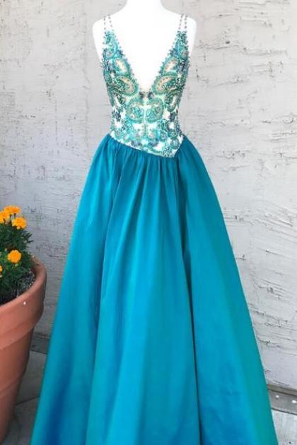 V-neck A Line Blue Beaded Long Prom Dress, Sexy Party Dress For Teens, Formal Prom Dresses