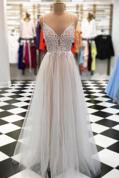 Sexy Spaghetti Straps Tulle Prom Dress, Sexy Beaded Prom Dresses, Long Evening Party Dress