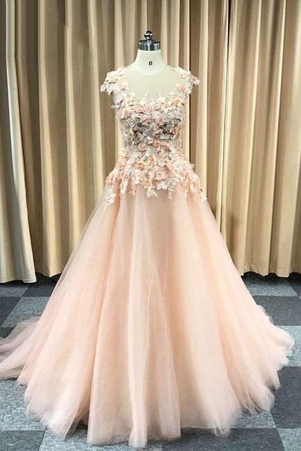 Pink Round Neck Tulle Lace Applique Long Prom Dress, Evening Dress