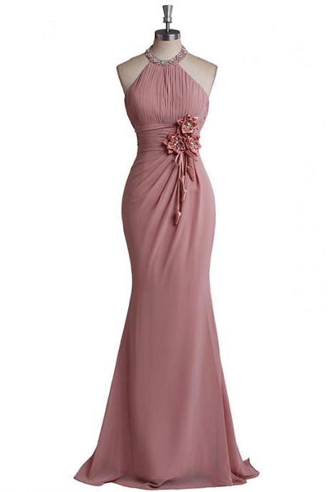 Halter Ruched Chiffon Mermaid, Long Prom Dress, Evening Dress With Floral Appliqués ,high Quality ,sexy Formal Evening Dress