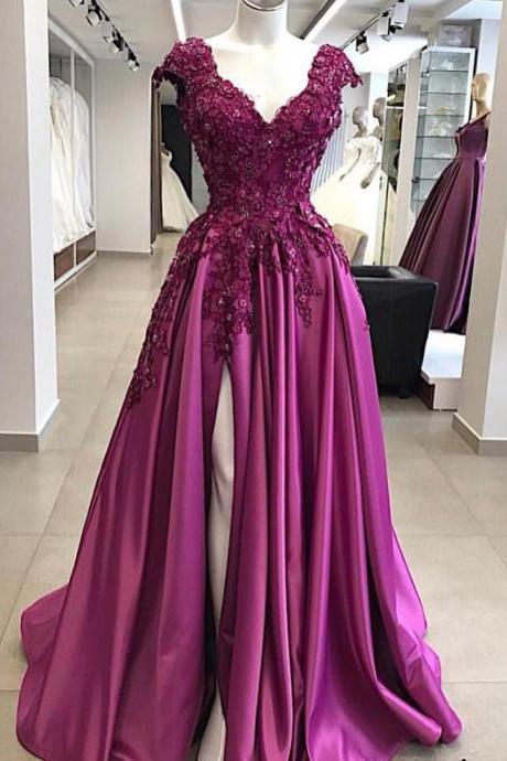 A Line Satin Prom Dresses Sexy V Neck Lace Appliques Evening Formal Gowns